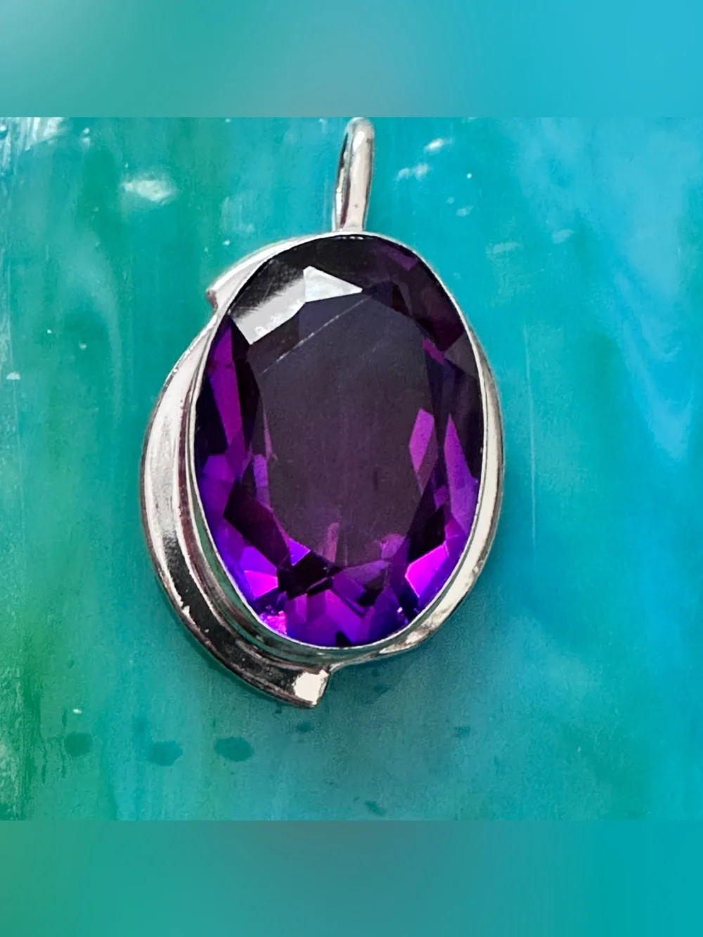 Artisan Silver Pendant with Vivid Purple lab created, amethyst Faceted Stone